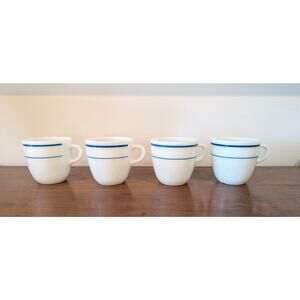 Set of 4 Vintage Pyrex “Blue Band” / “Teal Lines” Milk Glass Mugs – CLEAN